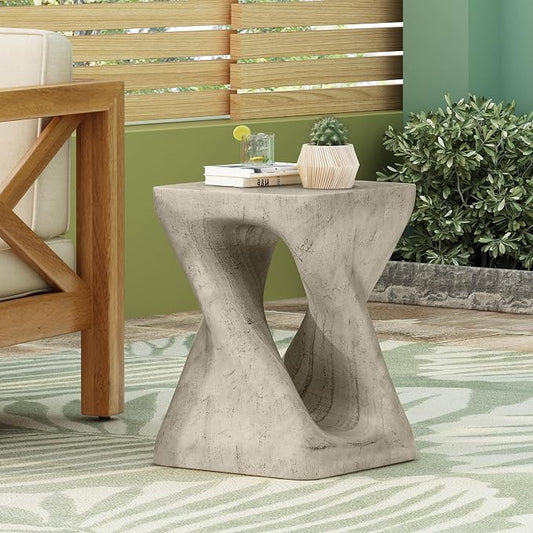 Faux Concrete Side Table Outdoor Faux Stone End Table, Round Outdoor Accent Table, Garden Stool Plant Stand for Porch, Backyard - Grey