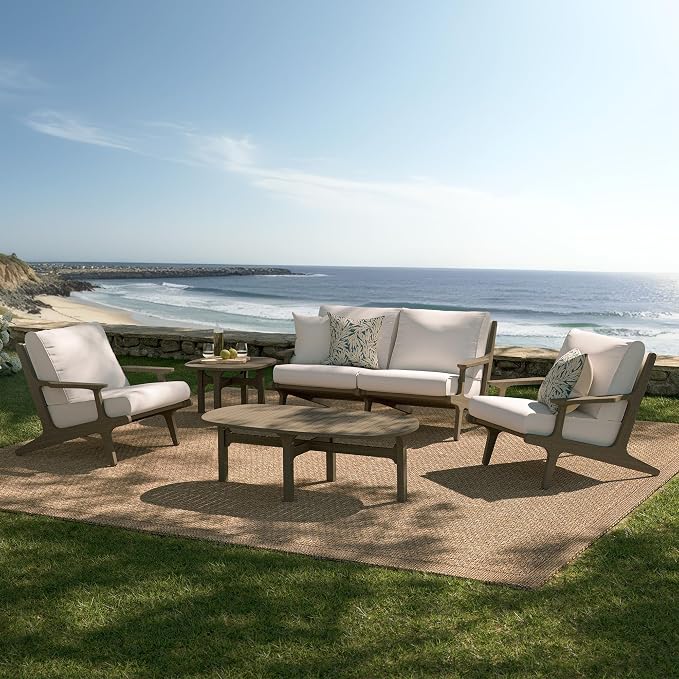 Modway Saratoga 5-Piece Teak Wood Outdoor Furniture Set in Weathered Gray White - Patio Conversation Set with Loveseat, 2 Armchairs, Side Table and Coffee Table