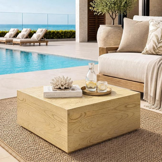 UPHA 28" Square Outdoor Coffee Table, Modern Hollow Concrete Patio Table, Small Minimalist Low Accent Table for Living Room, Balcony, Deck, Backyard, Natural Wood Finish