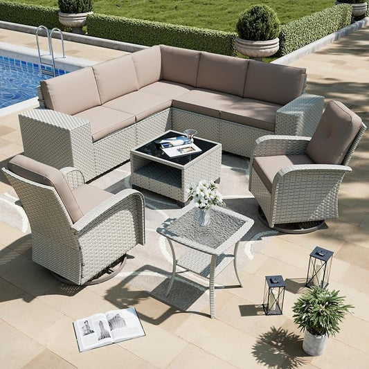 9-Piece Outdoor Patio Furniture Set, Modular Sectional Sofa Set with Swivel Rocker Chairs, Wicker Outdoor Couch Conversation Sets w/Coffee Table and Cushions, Khaki