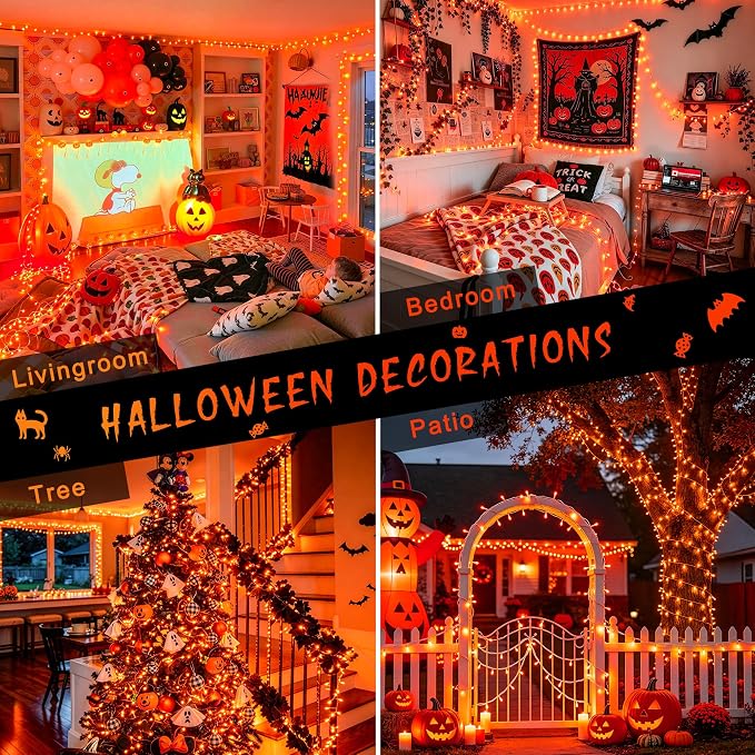 JMEXSUSS 1000 LED Orange Halloween String Lights Outdoor Indoor Plug in | 272 Ft Fall & Thanksgiving Day Lights Clear Wire, 8 Modes with Remote, Orange lights for Halloween Decor, Tree Patio Yards