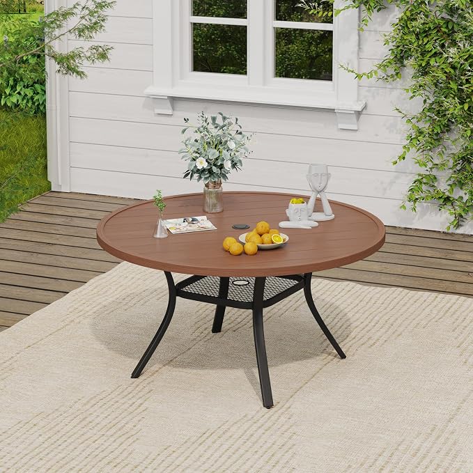 VICLLAX Round Outdoor Dining Set, Patio Table and Chairs Set Set of 6 Patio Stackable Chairs and 47" Outdoor Round Table with Umbrella Hole for Backyard Lawn Garden, Brown Chairs and Walnut Table