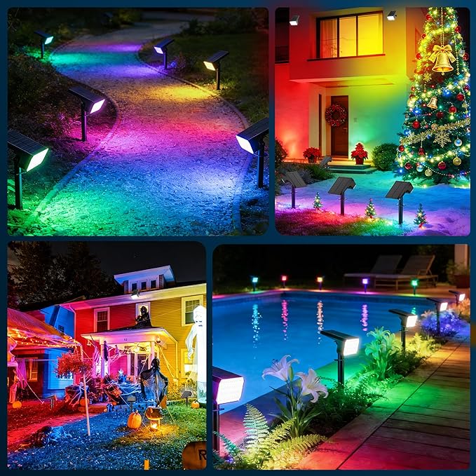 LANSOW Solar Spot Lights Outdoor Color Changing, 2 Pack/7 Modes Waterproof Solar Christmas Landscape Spotlights, LED Solar Powered Flood Lights for Yard Garden Pathway Outside Halloween, Auto ON/Off