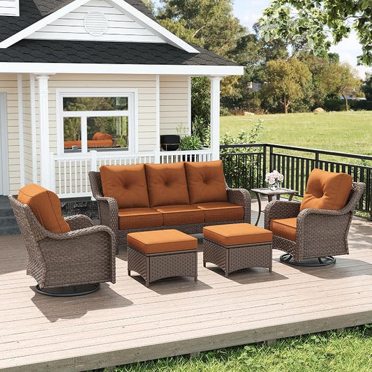 LayinSun 6 Piece Wicker Outdoor Furniture Set with 6-inch Comfy Cushions, High Back Patio Furniture Set with Swivel Rocking Chairs and Side Table