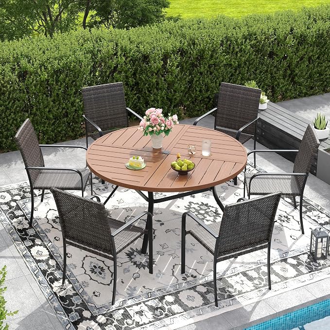 DIFY 7 Piece Outdoor Dining Set for 6, 50" Walnut Round Metal Dining Table with Umbrella Hole and Stackable Wicker Patio Chairs, All-Weather Patio Table and Chairs Set for Deck Garden Backyard