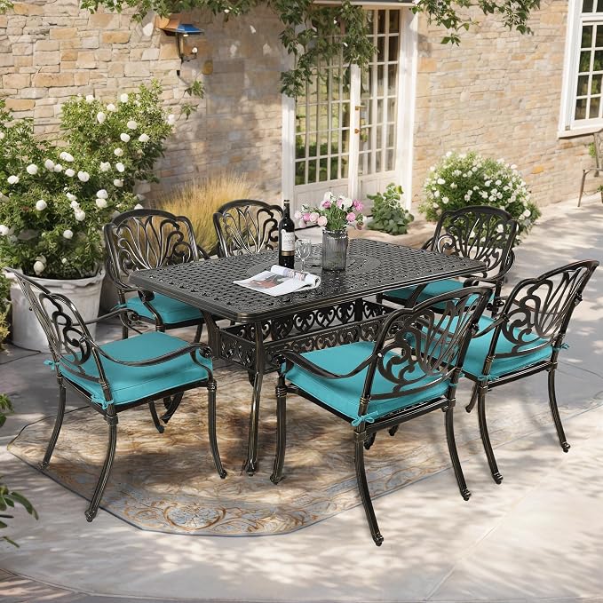 7-Piece Outdoor Patio Dining Set, 60” Rectangular Cast Aluminum Dining Table with Umbrella Hole and 6 Outdoor Dining Cushioned Chairs, Patio Funiture Set for Backyard, Patio, Garden, Blue