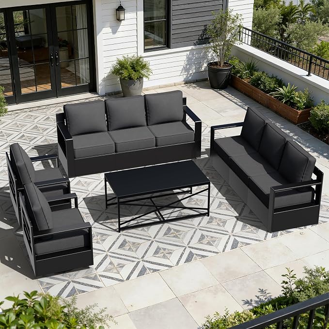 Outdoor Aluminum Furniture Set, 4-Piece Patio Conversation Set, 2 Swivel Chairs, 2 Sofa and 1 Table, All-Weather Metal Frame, 6" Thick Removable Cushions, Deep Setting for Garden, Porch