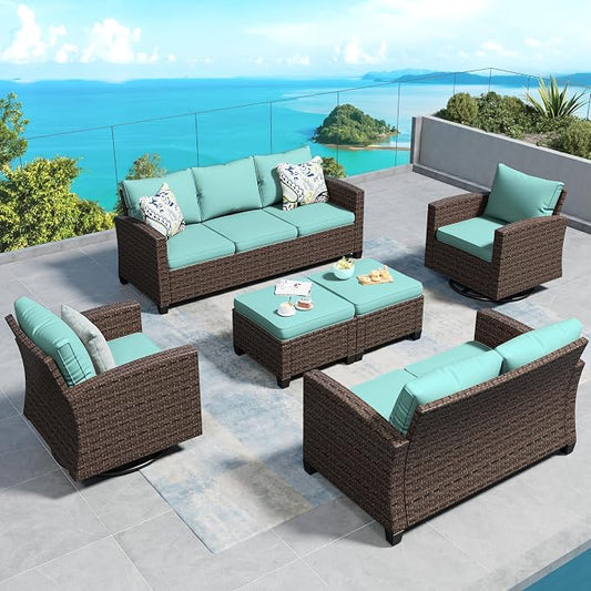 SUNSHINE VALLEY Swivel Glider Patio Furniture Set Outdoor Furniture Brown Wicker Rattan Patio Conversation Sets with Cushion Outside Sofa Set,6 Pieces 9 Seats,Blue