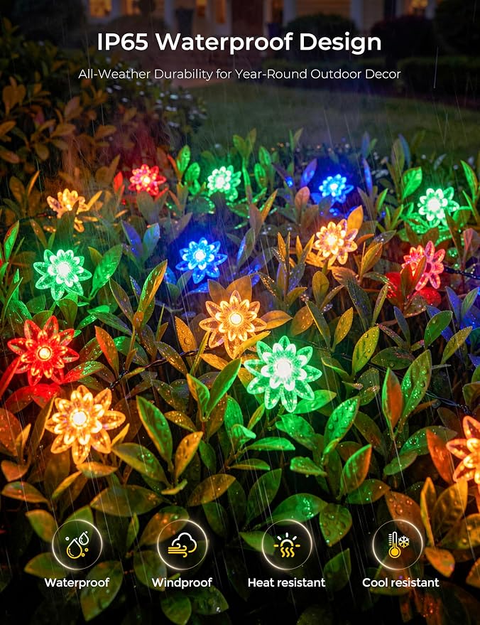 Brightown 2 Pack Flower Solar String Lights Outdoor Waterproof, Multicolor | Total 46FT 100 LED Solar Powered Fairy Lights with 8 Modes for Christmas Yard Garden Tree Patio Lawn Holiday Outdoor Decor