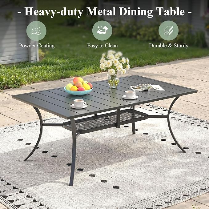 7 Pieces Outdoor Dining Set, Stackable Textilene Paito Chairs & 59.2" Rectangle Dining Table with Umbrella Hole and Shelf, Patio Dining Set for Backyard, Deck, Garden, Brown & Black