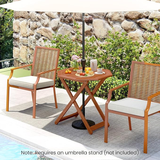Tangkula 32-Inch Octagon Folding Outdoor Dining Table, Wood Patio Bistro Table with 2" Umbrella Hole and Slatted Tabletop, Outside Table for Garden, Yard, Porch, Teak Oil Finish, No Assembly Required