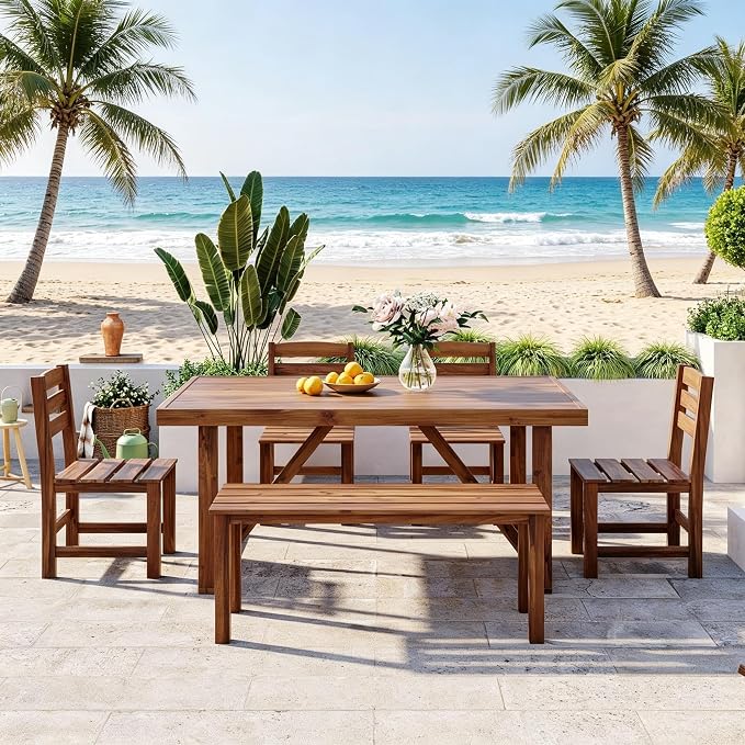 RuiSiSi Outdoor Dining Sets for 6, Acacia Wood Patio Table and Chairs Set with Bench and 4 Chairs for Balcony, Backyard, Garden, Poolside, Brown