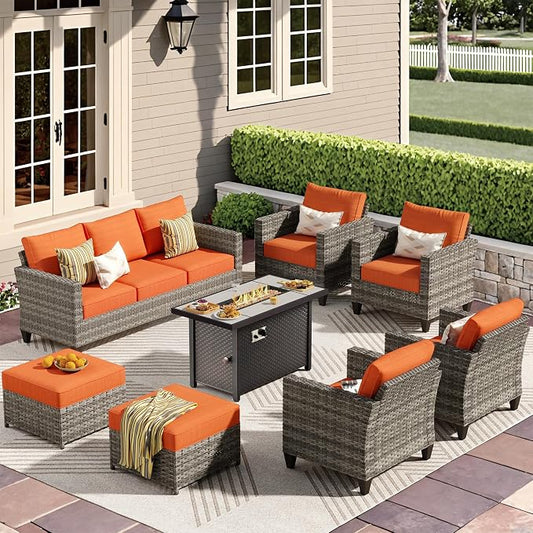 CAODOC 8-Piece Outdoor Wicker Patio Set with 9 Seats, Including 43" Fire Pit - Sectional Sofa and Conversation Set for Backyard or Lawn, Gray Rattan with Waterproof Red Cushions