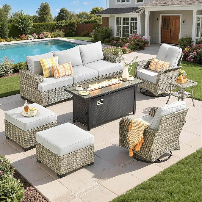 Wicker Patio Furniture Set with Fire Pit Table,9 Pieces Outdoor Sectional with Swivel Chairs Ottoman,Out Door Furniture Conversation Set,Light Grey
