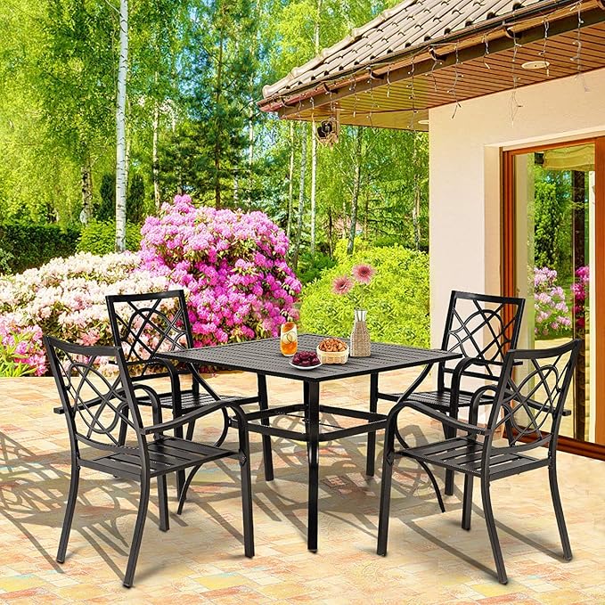 SOLAURA 300 lbs Patio Wrought Iron Chairs of 4, Metal Outdoor Dining Chairs Patio Stackable Bistro Chairs with Armrests for Garden, Lawn, Backyard, Porch, Balcony, Deck
