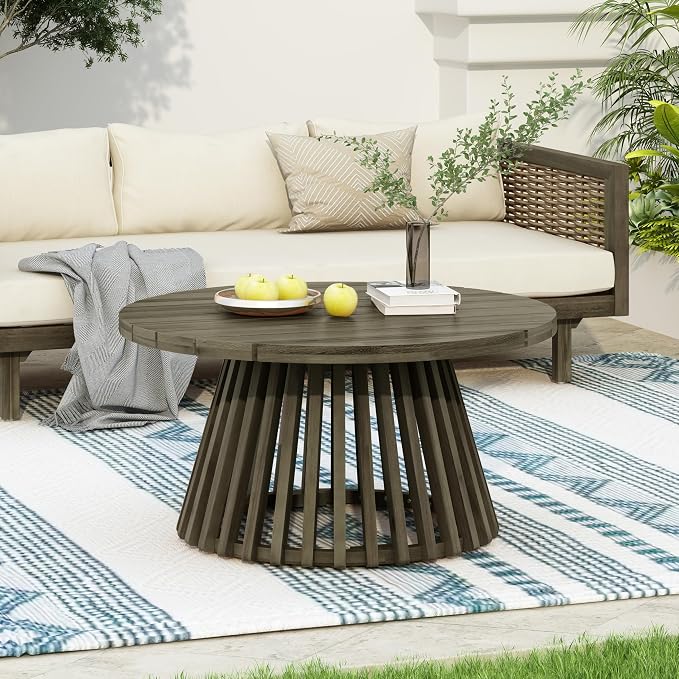 Outdoor Acacia Wood Patio Coffee Table, 31.50-inch Round Coffee Table,for Backyard, Lawn, Balcony (Grey-Coffee Table)