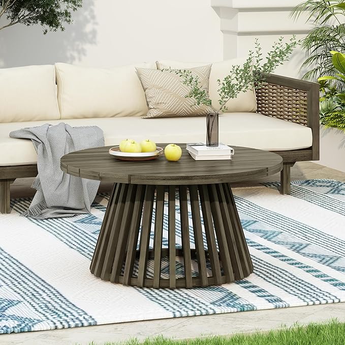 LUMISOL Patio Outdoor Acacia Wood Round Coffee Table, Circle Center Table for Backyard, Lawn, Balcony, Grey