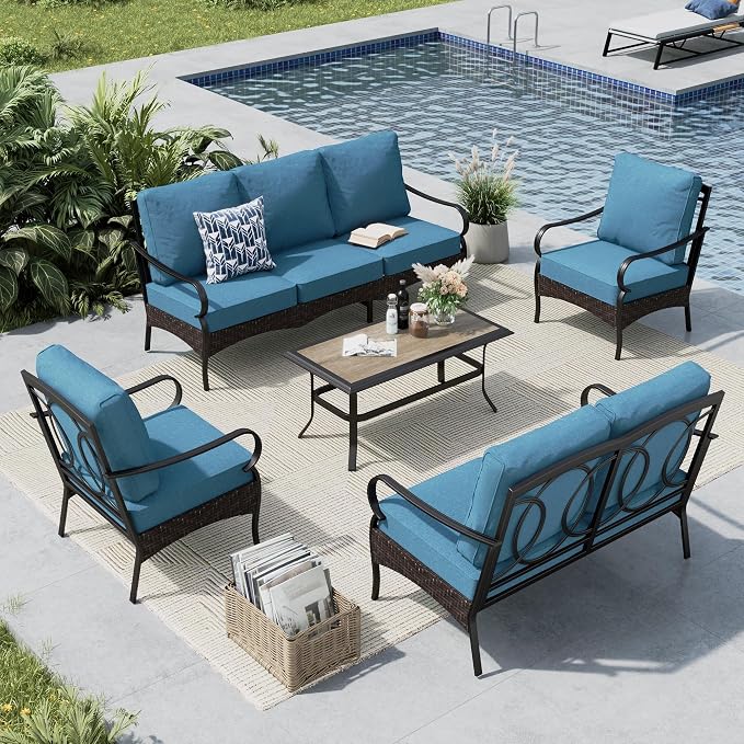 MFSTUDIO 5 PCS Outdoor Patio Furniture Set, Metal Outdoor Conversation Set, Rattan Wicker Patio Sectional Sofa Set with 2 x Fixed Single Sofa, 2-Seat and 3-Seat Sofa, 1 x Coffee Table, Navy Blue