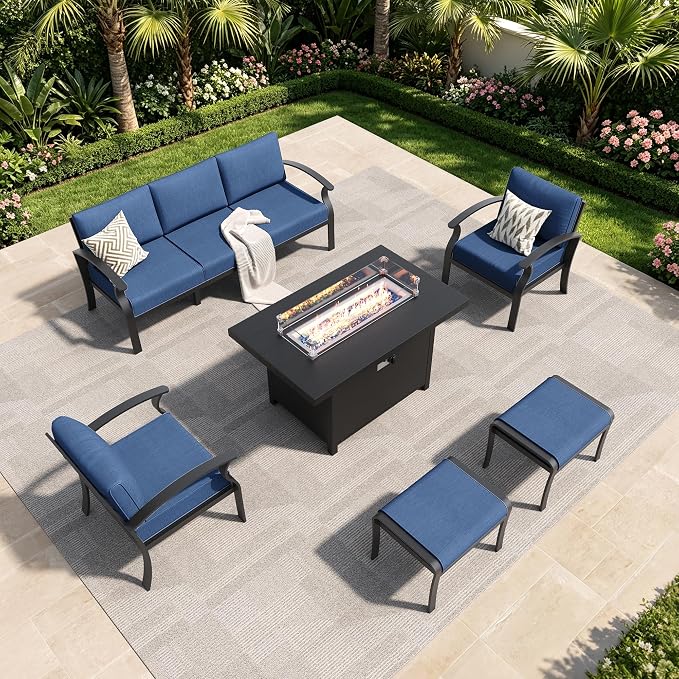 Aluminum Outdoor Patio Furniture Set,6 Pieces 5 Seats Metal Patio Sectional Furniture Set with 45" Propane Fire Pit Table,Patio Conversation Sets with 2 Ottomans,Navy Blue
