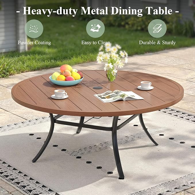 Outdoor Dining Set for 8, 60" Metal Round Outdoor Dining Table with Umbrella Hole and Sling Patio Swivel Chairs, 9 Pieces Patio Table and Chairs Set for Garden Backyard, Charcoal and Walnut