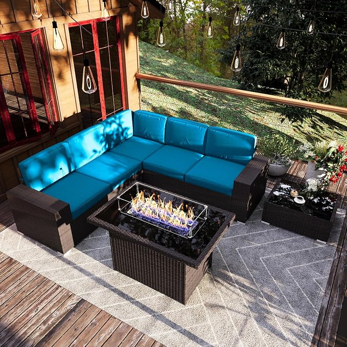 7 Pieces Patio Furniture Set with 44" Propane Gas Fire Pit Table, Outdoor Sectional Wicker Conversation Sofa Sets with Coffee Table