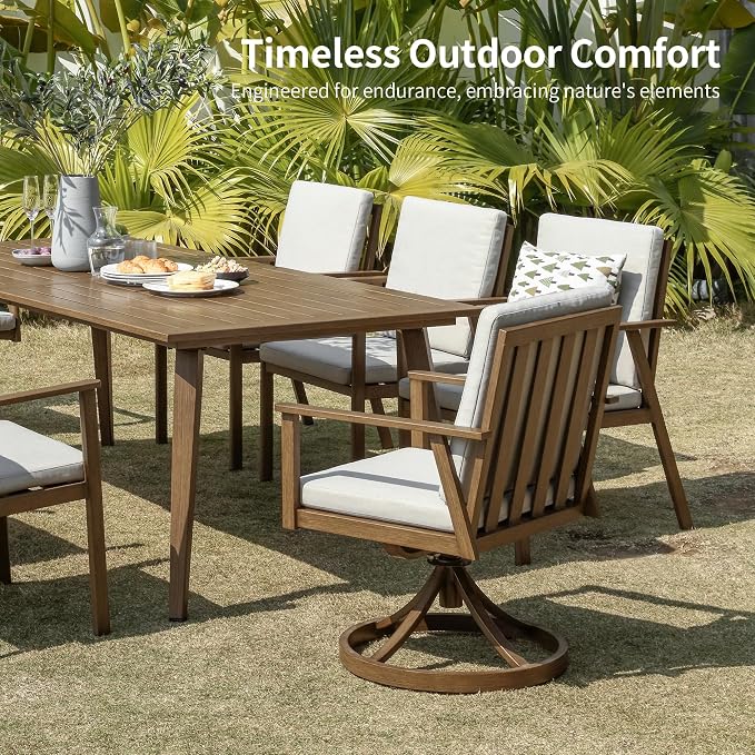 9 Pieces Patio Dining Set for 6, Aluminum Outdoor Dining Table Sets with Umbrella Hole, Modern Outdoor Patio Furniture Set with 8 Swivel Chairs and Table for Backyard, Poolside and Deck,Teak