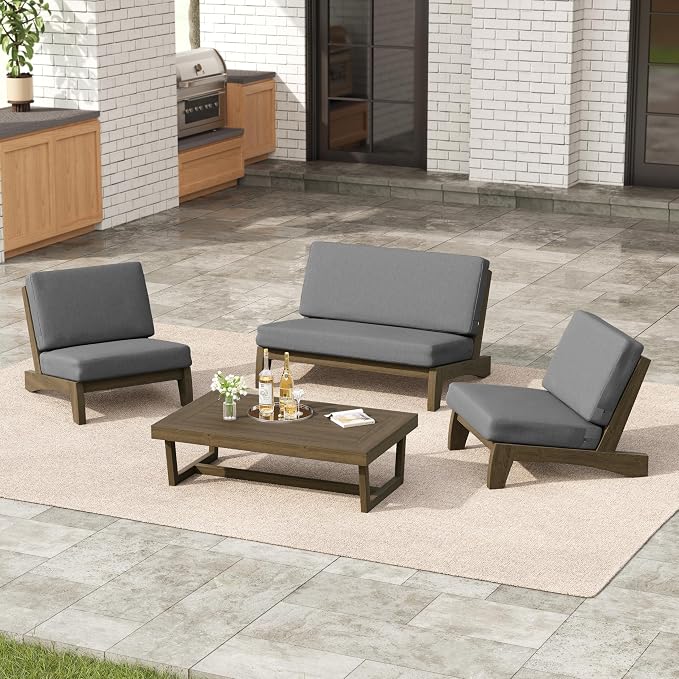4 Pieces Patio Furniture Sets, All-Weather Outdoor Wood Bistro Set Patio Conversation Coffee Table Chiars and Patio Loveseat for Balcony, Backyard
