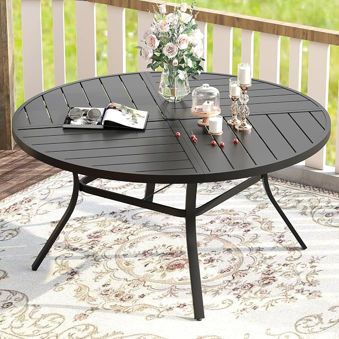 VICLLAX Round Patio Table with Adjustable Umbrella Hole for 6, All Weather 53.1" Metal Outdoor Dining Table for Lawn Garden, Black