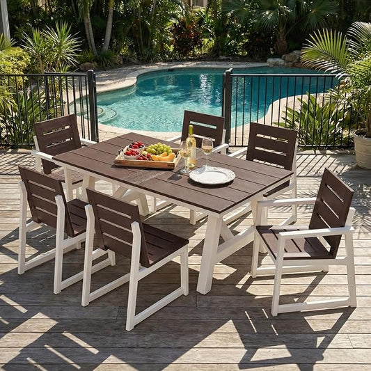 Costaelm Stinson 7-Piece Outdoor HDPE Patio Dining Table Set with Umbrella Hole & Dining Chairs for 6, Dark Brown