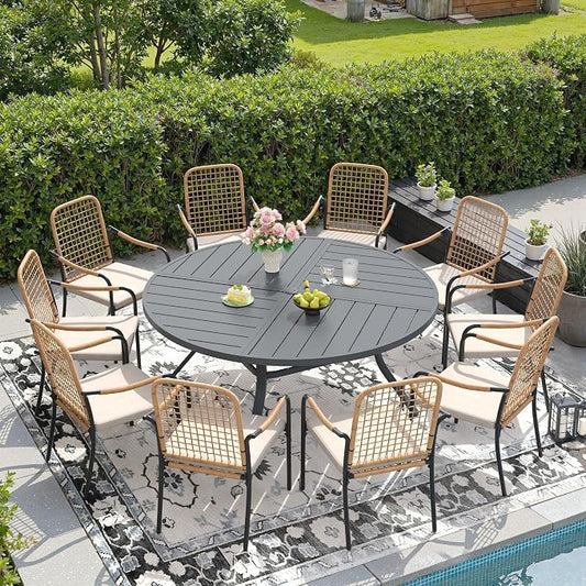 DIFY 11 Pieces Outdoor Dining Set, Metal Patio Table and Chairs Set for 10, 59.8" Round Dining Table with Umbrella Hole & Wicker Stackable Patio Chairs with Cushions, Grey Tabletop