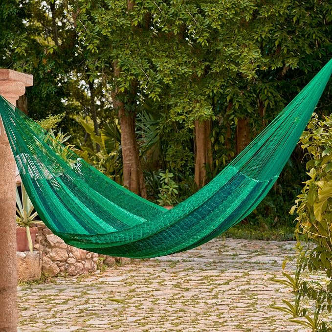 NOVICA Multicolor Green Striped Hand Woven Nylon Mayan 1 Person Rope Hammock, 'Caribbean Dream' (Single)