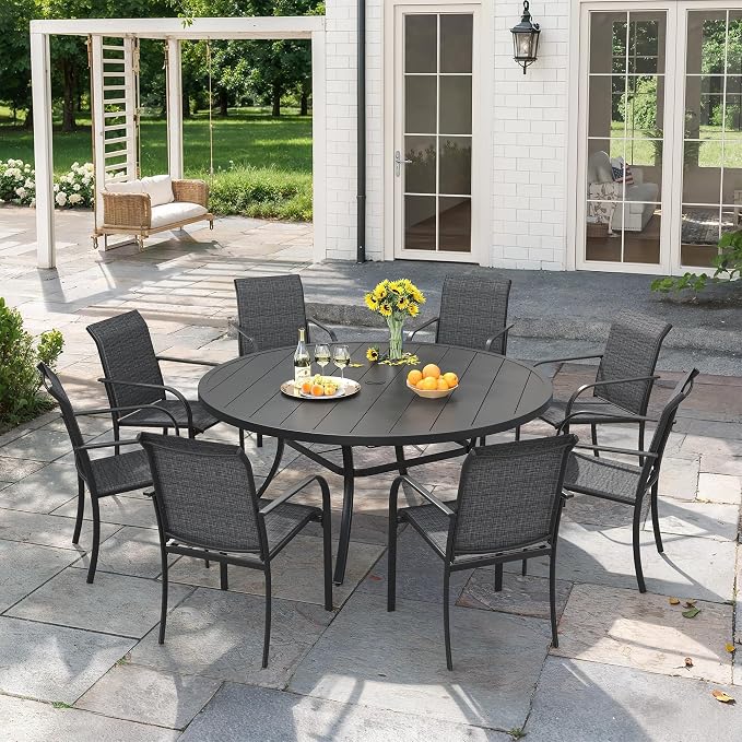 VICLLAX 9 Pieces Patio Outdoor Dining Set, 53" Round Metal Table with Umbrella Hole and 8 Stackable Textilene Chairs for Patio, Lawn, Garden, Porch, Black/Grey
