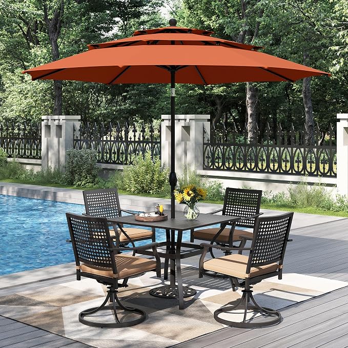 PHI VILLA Outdoor Table Chairs for 4, Patio Metal Furniture w/Umbrella | 37" wrought iron square table & swivel chairs. 10ft red umbrella. 5pcs dining set for deck, porch, backyard.