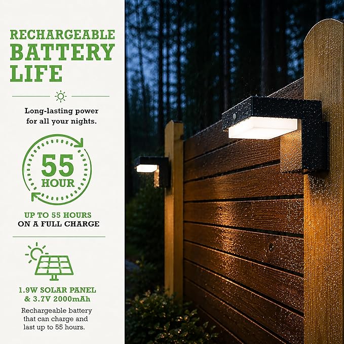 Solar Powered Wall Lamps, 55 Hour Life, Motion Sensor, 2 Modes, 2pk