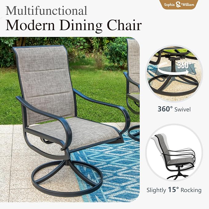 Sophia & William Patio Dining Set for 8 w/Metal Table & Swivel Chairs | High-back & Padded, Rectangle, Umbrella Hole, Ergonomic design, Weather-resistant, Outdoor backyard deck, Brown