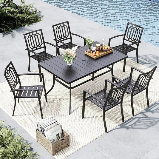 MFSTUDIO Patio Table and Chairs Set, Outdoor Dining Set for 6 with Umbrella Hole, 7 Piece Metal Patio Dining Set for Deck, Backyard, Poolside & Garden