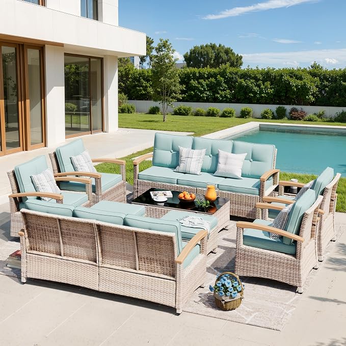 MEISSALIVVE 10 Pieces Outdoor Patio Furniture Sets, Wicker Patio Conversation Sets with 2 Wood Armrests Swivel Glide Chairs,2 Single Chairs, Outdoor Couch and Coffee Table(Blue)