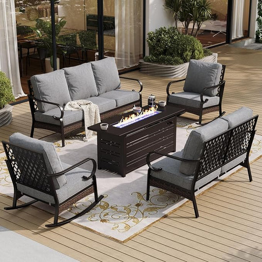 SUNSHINE VALLEY 5 Piece Metal Outdoor Patio Furniture Sets with Firepit Table, Patio Conversation Sets 1 3-Seater Sofa, 2-Seater Loveseat, 2 Rocking Chair with 5.75" Cushion for Backyard Deck, Gray