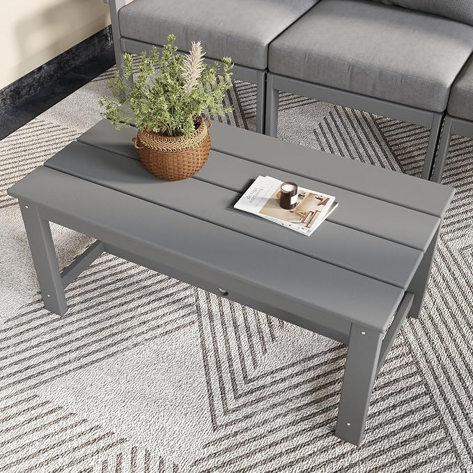 37.6 Inch HDPE Patio Coffee Table, Weather-Resistant Outdoor Coffee Table Easy Assembly for Lawn, Garden, Balcony, Deck, Backysrd (Grey Frame)