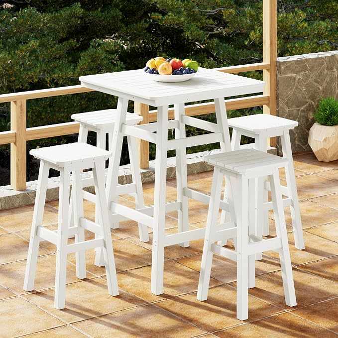 Costaelm Outdoor Bar Table, 42" Counter Height Square Patio Cocktail Bar Table with Umbrella Hole, Patio Bistro Dining Pub Table for Front Porch Deck Backyard Garden, White