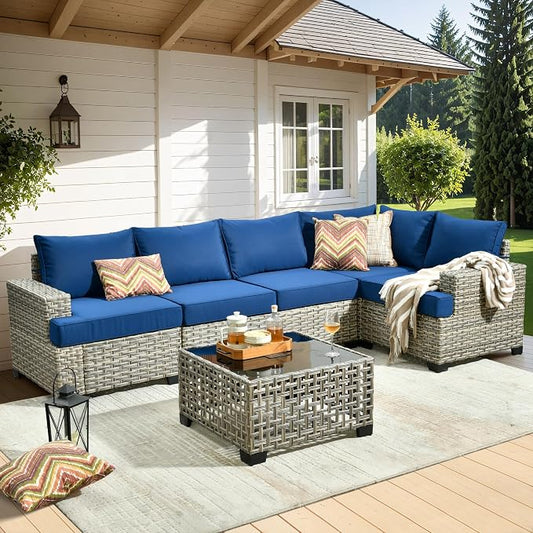 WEAXTY 6 Pieces Patio Furniture Set, Outdoor Sectional Sofa Couch with Solar Coffee Table, All-Weather Outside Furniture Patio Conversation Sets for Backyard Porch Balcony (Navy Blue)