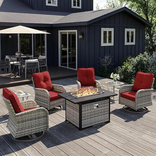 7Pcs Patio Rocking Swivel Chair with 55,000 BTU Fire Pit Table Outdoor Wicker Rattan Bistro Set with Tempered Glass Side Table, Outdoor Patio Furniture Set for Garden and Balcony, Red