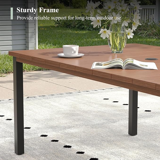 Outdoor Dining Set for 6, 63" Metal Outdoor Dining Table with Umbrella Hole and Sling Patio Swivel Chairs, 7 Pieces Patio Table and Chairs Set for Garden Backyard, Charcoal and Walnut