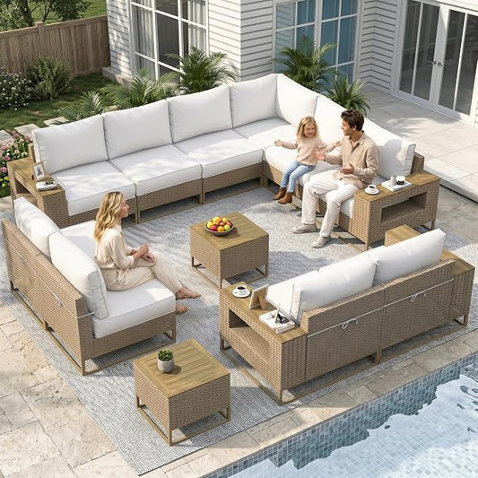 12-Piece Outdoor Patio Furniture Set, Modern PE Wicker Outdoor Sectional Sofa with Storage Armrests & 5.5" Thick Cushions, L-Shaped Couch for Deck, Porch, Backyard, Ivory White
