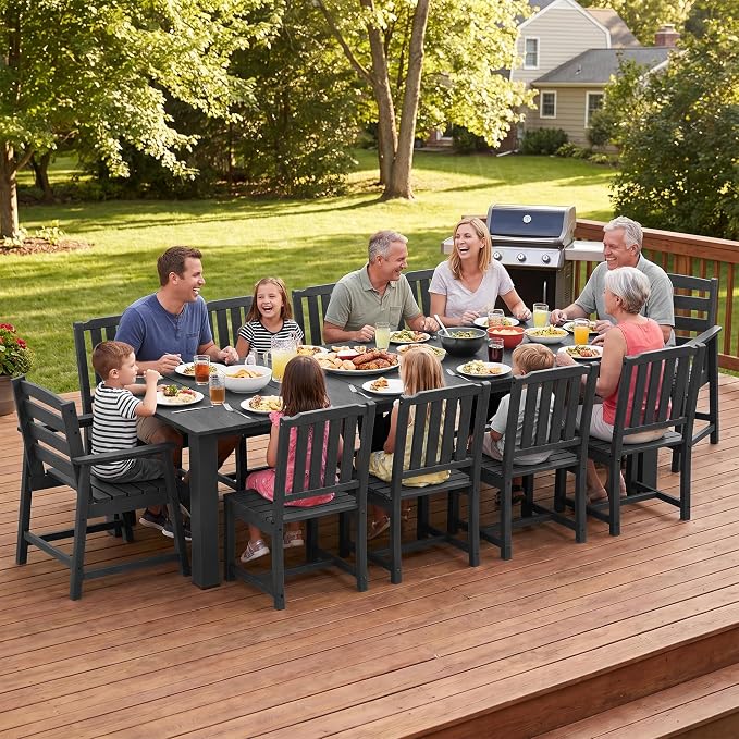 LOUNZY 11 Piece Patio Dining Set for 10, Outdoor Table and Chairs, Black | 89.4“ table,10 person HDPE outdoor dining set, 304 stainless steel, weather resistant up to 10 years for large gatherings
