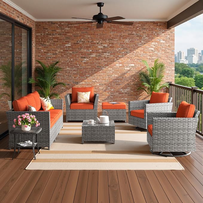 CAODOC Fully Assembled & Spacious 9-Pc Outdoor Sofa Set, Patio Rattan Conversation Group with Rocking Chair and Tea Table