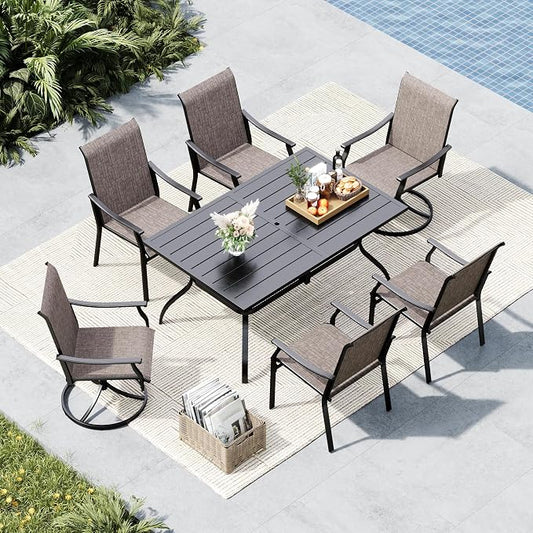 MFSTUDIO Outdoor Patio Dining Set for 6, Outdoor Patio Set with 60"x 38"x 28" Metal Table, 4 Fixed and 2 Swivel Patio Chairs, Heavy Duty Outdoor Dining Table and Chairs for Patio Garden