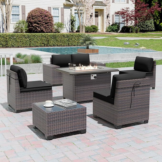 7 Pieces Outdoor Patio Furniture Set with 43"/55000BTU Gas Fire Pit Table,PE Rattan Wicker Outdoor Conversation Sofa Set Non-Slip Cushions Waterproof Covers for Backyard,Poolside,Garden,Black
