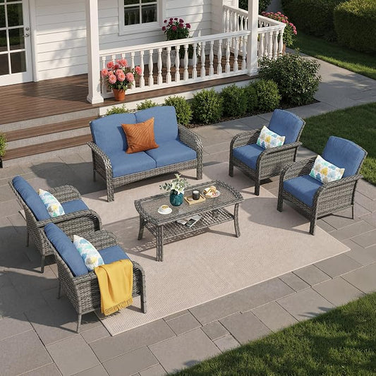 6 Pieces Patio Furniture Set, All-Weather Rattan Wicker Outdoor Furniture Loveseat Chairs with Coffee Table, High Back Conversation Set for Porch, Backyard, Balcony,Denim Blue