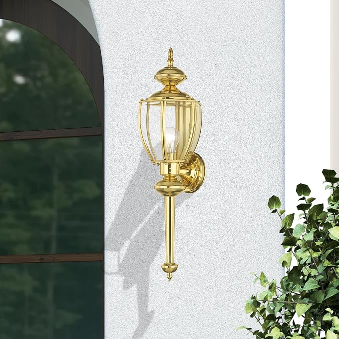 Livex Lighting 2112-02 Outdoor Wall Lantern, Polished Brass | Clear Beveled Glass Shades